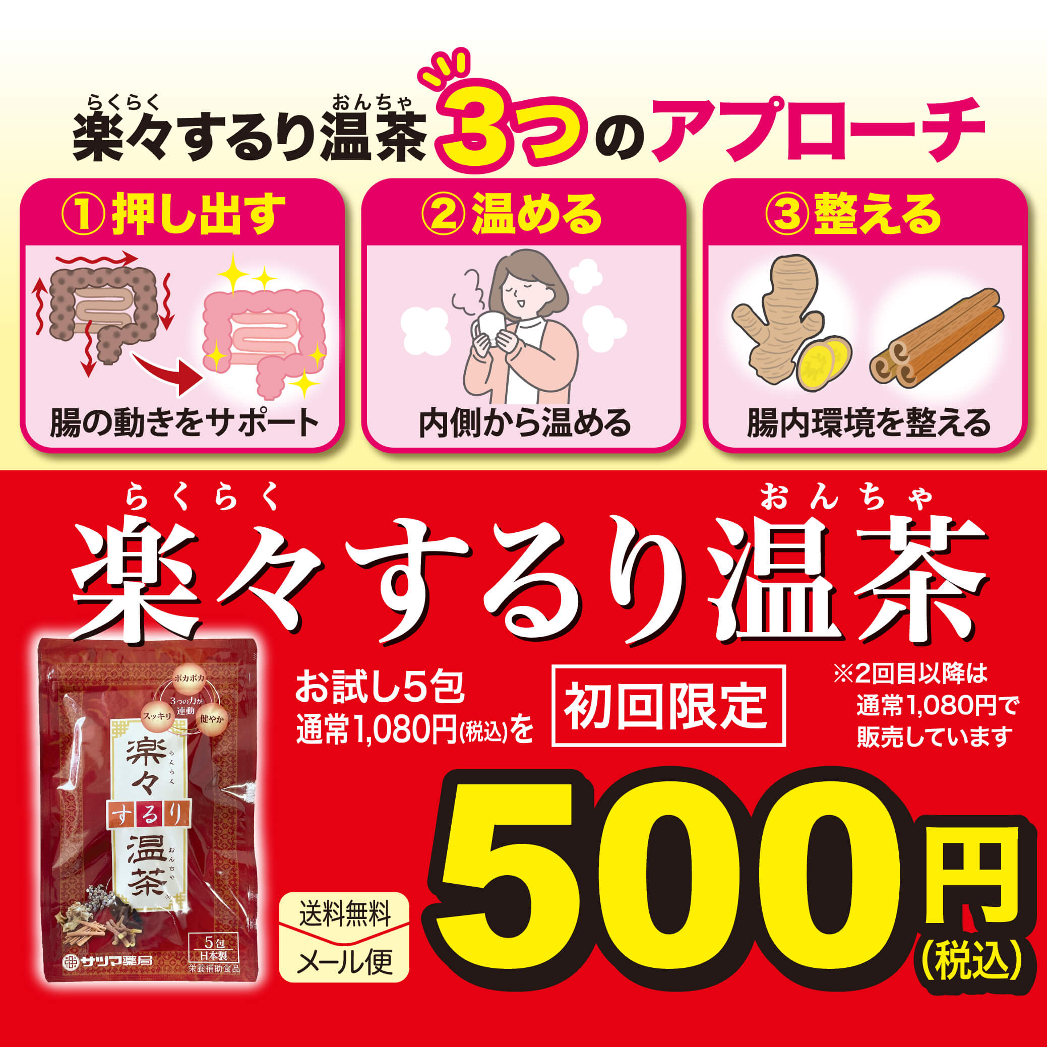 楽々するり温茶の3つのアプローチは押し出す・温める・整える。お試し5包は初回限定税込500円。メール便送料無料